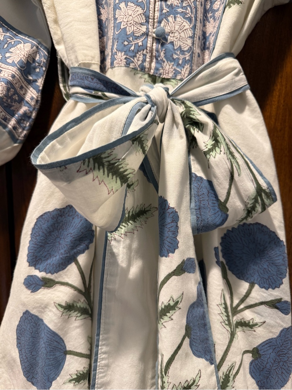 Sue Sartor Flounce Paloma Tie-Waist Midi Dress in French Blue Marigold and Cream - Picture 4 of 5